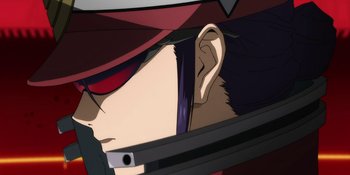 Movie still from “Evangelion: 3.0+1.01 Thrice Upon a Time” (2021), directed by Joe Fria – A person's face with a helmet on; Close Up shot, Low angle