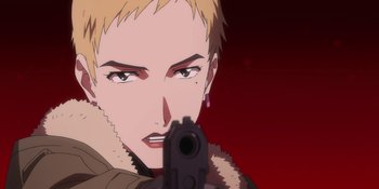 Movie still from “Evangelion: 3.0+1.01 Thrice Upon a Time” (2021), directed by Joe Fria – A person with a gun pointed at the viewer; Extreme Close Up shot, Low angle