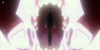 Movie still from “Evangelion: 3.0+1.01 Thrice Upon a Time” (2021), directed by Joe Fria – A man in a suit standing in front of an opening in the wall; Extreme Wide shot, Low angle