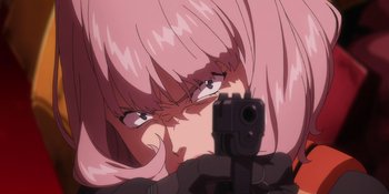 Movie still from “Evangelion: 3.0+1.01 Thrice Upon a Time” (2021), directed by Joe Fria – A woman with pink hair is holding a gun in front of her face; Close Up shot, Low angle