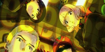 Movie still from “Evangelion: 3.0+1.01 Thrice Upon a Time” (2021), directed by Joe Fria – A group of people looking up; Extreme Close Up shot, Overhead angle