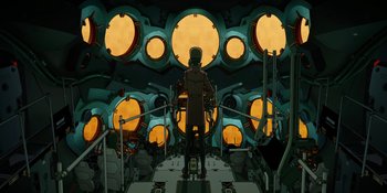 Movie still from “Evangelion: 3.0+1.01 Thrice Upon a Time” (2021), directed by Joe Fria – A man standing on a boat in the middle of the ocean; Extreme Wide shot, Overhead angle