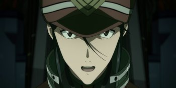 Movie still from “Evangelion: 3.0+1.01 Thrice Upon a Time” (2021), directed by Joe Fria – The face of an anime character; Close Up shot, Low angle