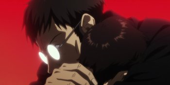 Movie still from “Evangelion: 3.0+1.01 Thrice Upon a Time” (2021), directed by Joe Fria – A man holding a stuffed animal in his hands; Extreme Close Up shot, Over the shoulder angle