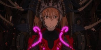 Movie still from “Evangelion: 3.0+1.01 Thrice Upon a Time” (2021), directed by Joe Fria – A woman with a pink light in her hands; Close Up shot, Low angle
