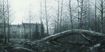 Movie still from “Evangelion: 3.0+1.01 Thrice Upon a Time” (2021), directed by Joe Fria – A painting of trees and a building in the background; Extreme Wide shot, Low angle