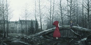 Movie still from “Evangelion: 3.0+1.01 Thrice Upon a Time” (2021), directed by Joe Fria – A little girl in a red dress standing next to a fallen tree; Wide shot, Low angle