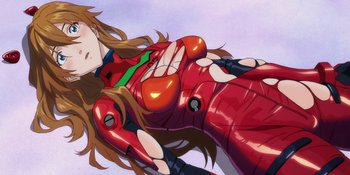 Movie still from “Evangelion: 3.0+1.01 Thrice Upon a Time” (2021), directed by Joe Fria – A woman in a red outfit laying on the ground; Close Up shot, Low angle