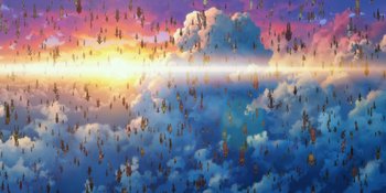 Movie still from “Evangelion: 3.0+1.01 Thrice Upon a Time” (2021), directed by Joe Fria – A sky filled with lots of clouds at sunset; Extreme Wide shot, High angle