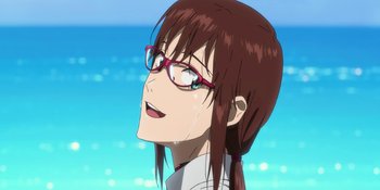 Movie still from “Evangelion: 3.0+1.01 Thrice Upon a Time” (2021), directed by Joe Fria – A woman with glasses is looking at the ocean; Close Up shot, Low angle