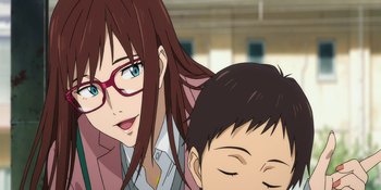 Movie still from “Evangelion: 3.0+1.01 Thrice Upon a Time” (2021), directed by Joe Fria – An animated picture of a woman and a boy; Close Up shot, Over the shoulder angle