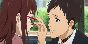 Movie still from “Evangelion: 3.0+1.01 Thrice Upon a Time” (2021), directed by Joe Fria – A man and a woman looking at each other; Close Up shot, Over the shoulder angle