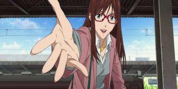Movie still from “Evangelion: 3.0+1.01 Thrice Upon a Time” (2021), directed by Joe Fria – An animated woman in a pink jacket is holding out her hand; Medium shot, High angle