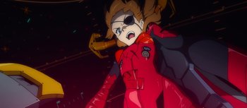 Movie still from “Evangelion: 3.0 You Can (Not) Redo” (2012), directed by Kiyotaka Suzuki – An animated character is in a red suit; Close Up shot, Low angle