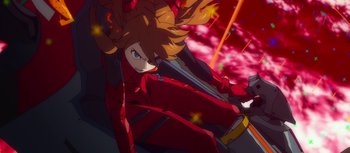 Movie still from “Evangelion: 3.0 You Can (Not) Redo” (2012), directed by Kiyotaka Suzuki – A woman in a red suit laying on the ground; Medium shot, Low angle