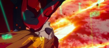 Movie still from “Evangelion: 3.0 You Can (Not) Redo” (2012), directed by Kiyotaka Suzuki – A dog's face in front of a background; Extreme Close Up shot, Low angle