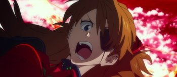 Movie still from “Evangelion: 3.0 You Can (Not) Redo” (2012), directed by Kiyotaka Suzuki – An animated person with a red shirt is crying; Extreme Close Up shot, Low angle