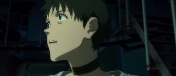 Movie still from “Evangelion: 3.0 You Can (Not) Redo” (2012), directed by Kiyotaka Suzuki – A person with a collar on; Close Up shot, Low angle