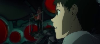 Movie still from “Evangelion: 3.0 You Can (Not) Redo” (2012), directed by Kiyotaka Suzuki – A man's face in a room with stairs; Close Up shot, Low angle