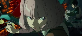Movie still from “Evangelion: 3.0 You Can (Not) Redo” (2012), directed by Kiyotaka Suzuki – A person's face in anime style; Extreme Close Up shot, Low angle