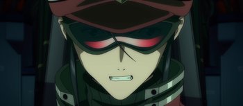 Movie still from “Evangelion: 3.0 You Can (Not) Redo” (2012), directed by Kiyotaka Suzuki – The face of a person wearing goggles; Extreme Close Up shot, Low angle