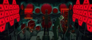 Movie still from “Evangelion: 3.0 You Can (Not) Redo” (2012), directed by Kiyotaka Suzuki – A man standing in a room next to another man; Wide shot, High angle