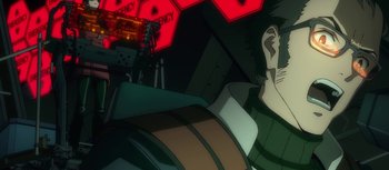 Movie still from “Evangelion: 3.0 You Can (Not) Redo” (2012), directed by Kiyotaka Suzuki – A man with a gun in his hand; Close Up shot, Low angle