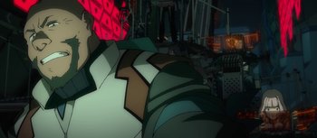 Movie still from “Evangelion: 3.0 You Can (Not) Redo” (2012), directed by Kiyotaka Suzuki – View of a person's face in a room with lights; Close Up shot, Over the shoulder angle