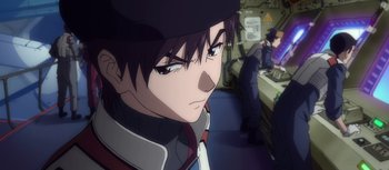 Movie still from “Evangelion: 3.0 You Can (Not) Redo” (2012), directed by Kiyotaka Suzuki – A person with a hat on; Close Up shot, Over the shoulder angle