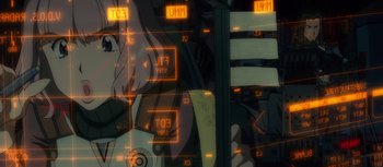 Movie still from “Evangelion: 3.0 You Can (Not) Redo” (2012), directed by Kiyotaka Suzuki – A woman sitting in a car with a lot of lights in the background; Extreme Close Up shot, High angle