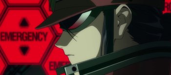 Movie still from “Evangelion: 3.0 You Can (Not) Redo” (2012), directed by Kiyotaka Suzuki – A person's face with a gun in their mouth; Close Up shot, Low angle