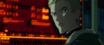 Movie still from “Evangelion: 3.0 You Can (Not) Redo” (2012), directed by Kiyotaka Suzuki – An animated picture of a man in front of an electronic display; Close Up shot, Over the shoulder angle