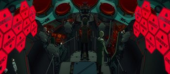 Movie still from “Evangelion: 3.0 You Can (Not) Redo” (2012), directed by Kiyotaka Suzuki – A group of people standing inside of a building; Extreme Wide shot, High angle
