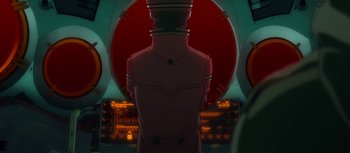 Movie still from “Evangelion: 3.0 You Can (Not) Redo” (2012), directed by Kiyotaka Suzuki – A man standing in front of a computer screen; Medium shot, Low angle