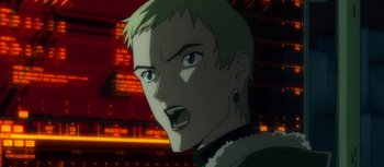 Movie still from “Evangelion: 3.0 You Can (Not) Redo” (2012), directed by Kiyotaka Suzuki – An animated man with short blonde hair is looking at the camera; Close Up shot, Low angle