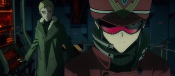 Movie still from “Evangelion: 3.0 You Can (Not) Redo” (2012), directed by Kiyotaka Suzuki – A person with a helmet on; Close Up shot, Over the shoulder angle