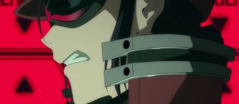 Movie still from “Evangelion: 3.0 You Can (Not) Redo” (2012), directed by Kiyotaka Suzuki – View of a woman's face with a pair of glasses; Extreme Close Up shot, Low angle