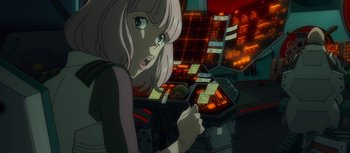 Movie still from “Evangelion: 3.0 You Can (Not) Redo” (2012), directed by Kiyotaka Suzuki – An anime girl is looking at the camera; Medium shot, Over the shoulder angle