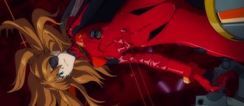 Movie still from “Evangelion: 3.0 You Can (Not) Redo” (2012), directed by Kiyotaka Suzuki – A woman's face in a red dress; Extreme Close Up shot, Overhead angle