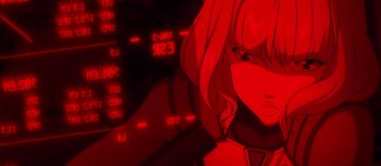 Movie still from “Evangelion: 3.0 You Can (Not) Redo” (2012), directed by Kiyotaka Suzuki – A woman with long blonde hair is in front of a computer screen; Close Up shot, Low angle