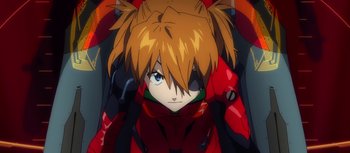 Movie still from “Evangelion: 3.0 You Can (Not) Redo” (2012), directed by Kiyotaka Suzuki – A person wearing a red suit; Close Up shot, Low angle