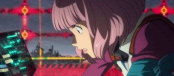 Movie still from “Evangelion: 3.0 You Can (Not) Redo” (2012), directed by Kiyotaka Suzuki – A person with pink hair; Close Up shot, Over the shoulder angle