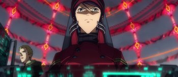 Movie still from “Evangelion: 3.0 You Can (Not) Redo” (2012), directed by Kiyotaka Suzuki – An anime character is looking at the camera; Close Up shot, Low angle