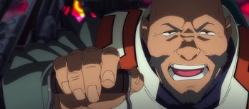 Movie still from “Evangelion: 3.0 You Can (Not) Redo” (2012), directed by Kiyotaka Suzuki – An image of an animated character holding a remote control; Close Up shot, Low angle
