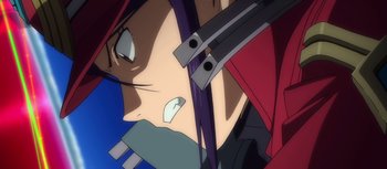 Movie still from “Evangelion: 3.0 You Can (Not) Redo” (2012), directed by Kiyotaka Suzuki – View of the face of a person with long black hair; Extreme Close Up shot, Low angle