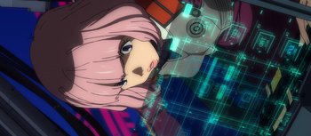 Movie still from “Evangelion: 3.0 You Can (Not) Redo” (2012), directed by Kiyotaka Suzuki – A woman's face in front of an electronic background; Extreme Close Up shot, Low angle