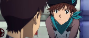 Movie still from “Evangelion: 3.0 You Can (Not) Redo” (2012), directed by Kiyotaka Suzuki – A man looking at another man in the mirror; Close Up shot, Over the shoulder angle