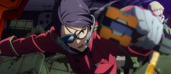 Movie still from “Evangelion: 3.0 You Can (Not) Redo” (2012), directed by Kiyotaka Suzuki – An anime character is looking at the camera; Medium shot, Low angle