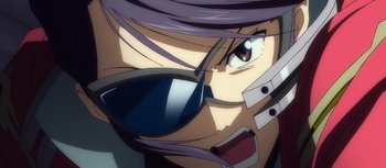 Movie still from “Evangelion: 3.0 You Can (Not) Redo” (2012), directed by Kiyotaka Suzuki – A person's face with purple hair and glasses; Extreme Close Up shot, Low angle
