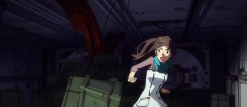 Movie still from “Evangelion: 3.0 You Can (Not) Redo” (2012), directed by Kiyotaka Suzuki – An animated woman is running in a warehouse; Wide shot, Low angle